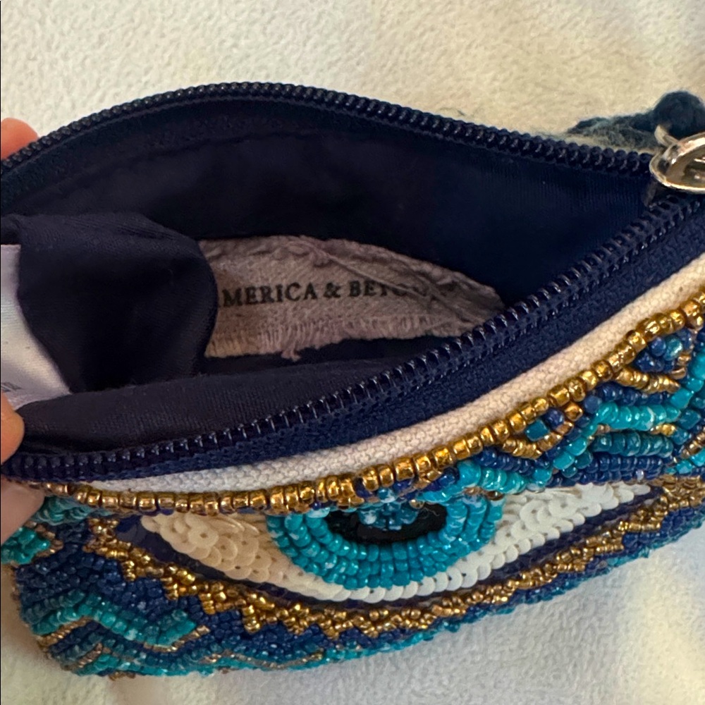 America and Beyond Beaded Evil Eye Clutch - Blue and Gold Sequins & Beads Bag - Picture 3 of 6